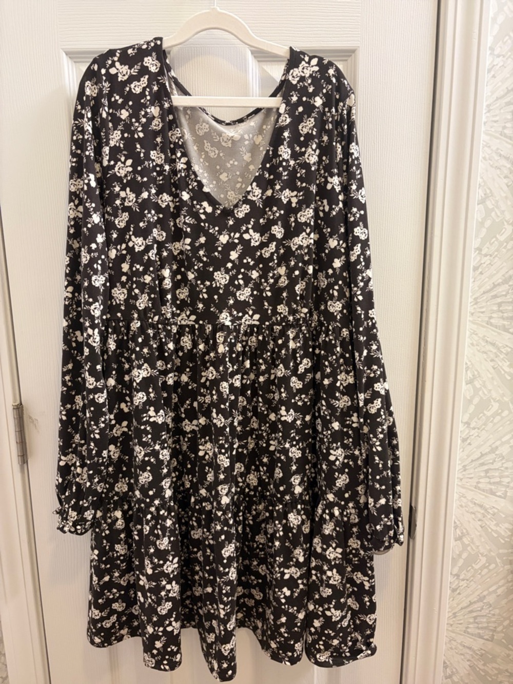 Black Floral V-Neck Tiered Dress